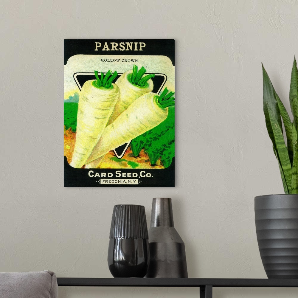 A modern room featuring A vintage label from a seed packet for parsnips.