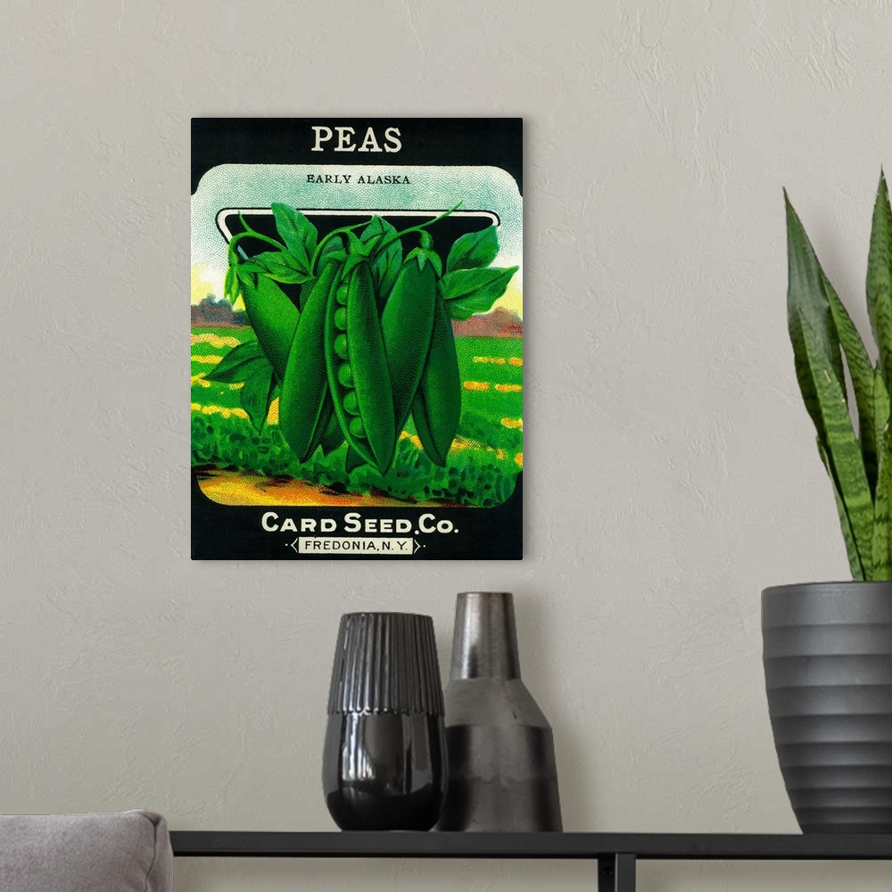 A modern room featuring A vintage label from a seed packet for peas.