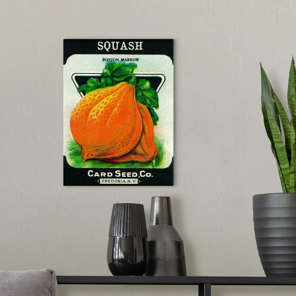 A modern room featuring A vintage label from a seed packet for squash.