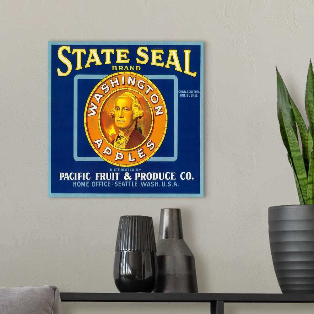 A modern room featuring State Seal Apple Label, Seattle, WA