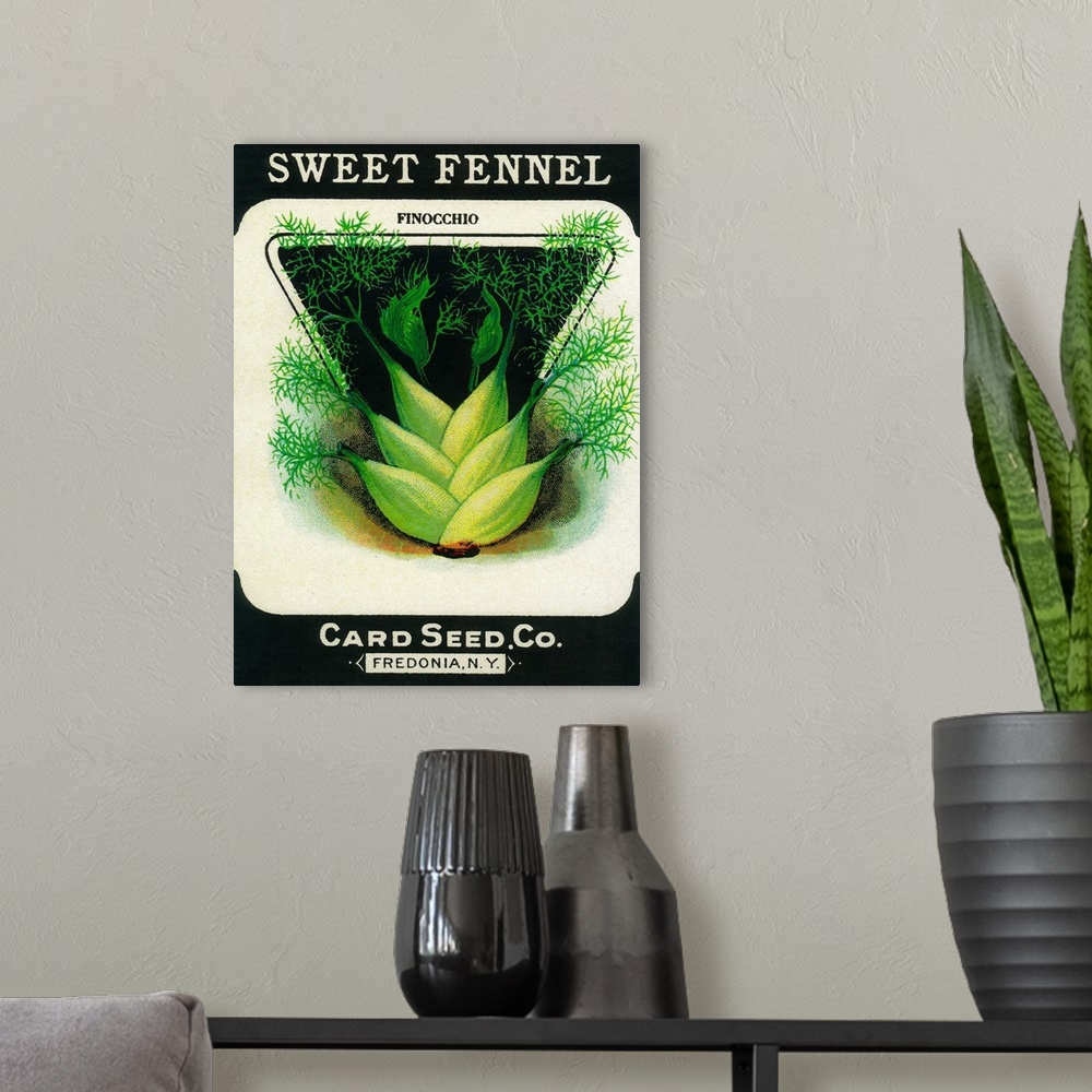 A modern room featuring A vintage label from a seed packet for fennel.