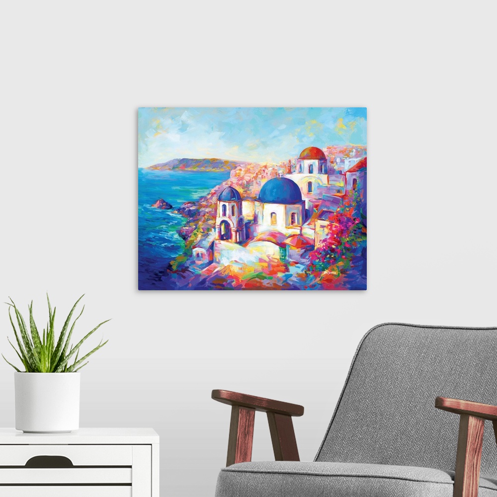 A modern room featuring Santorini, Greece