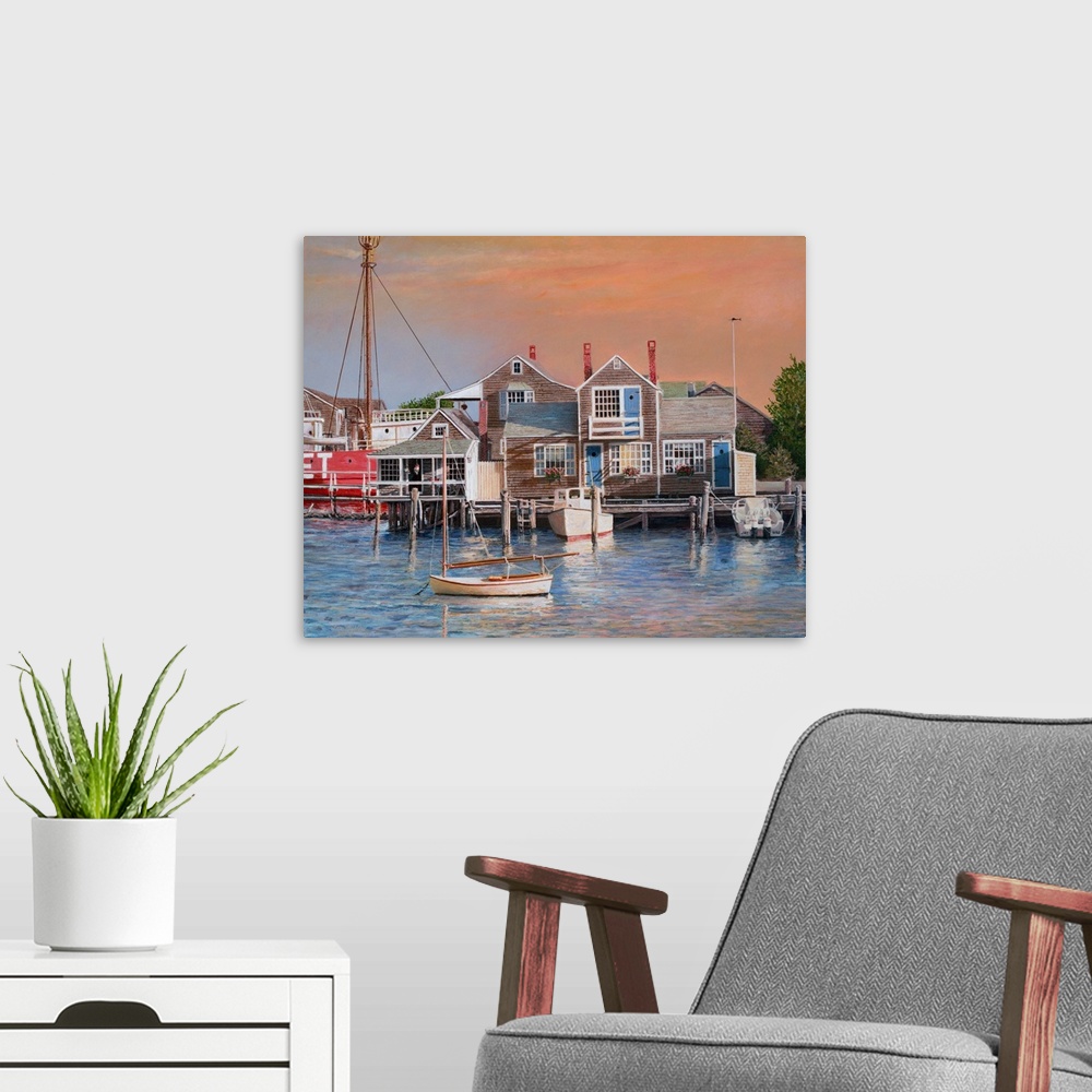 A modern room featuring Houses on harbor wharf with dock and moored boats at sunrise.