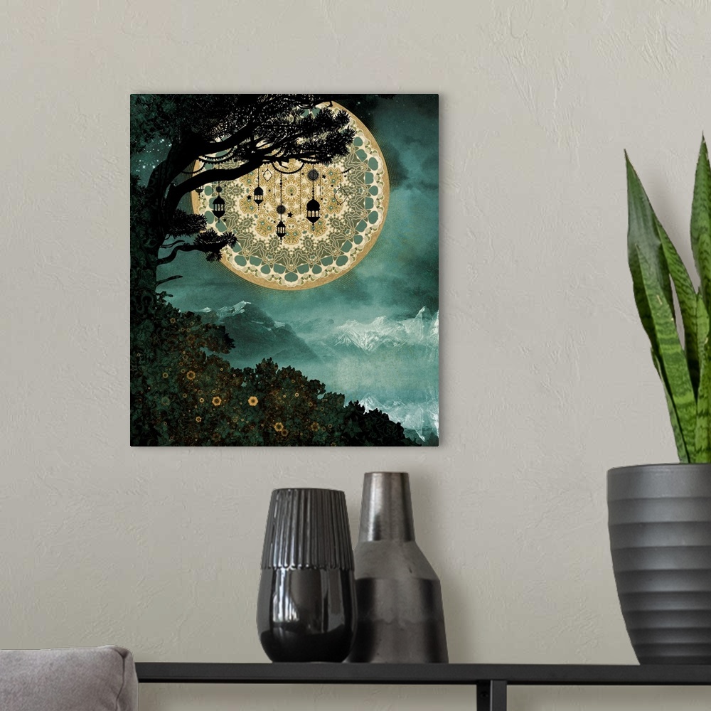 A modern room featuring Tree with lanterns and mandala moon with mountains and flowers