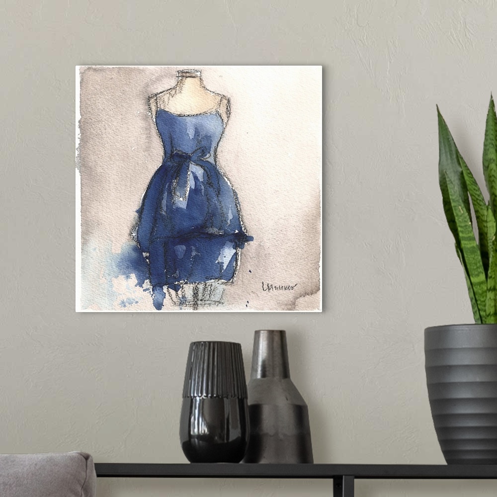 A modern room featuring Watercolor painting of a blue dress on a dress form.