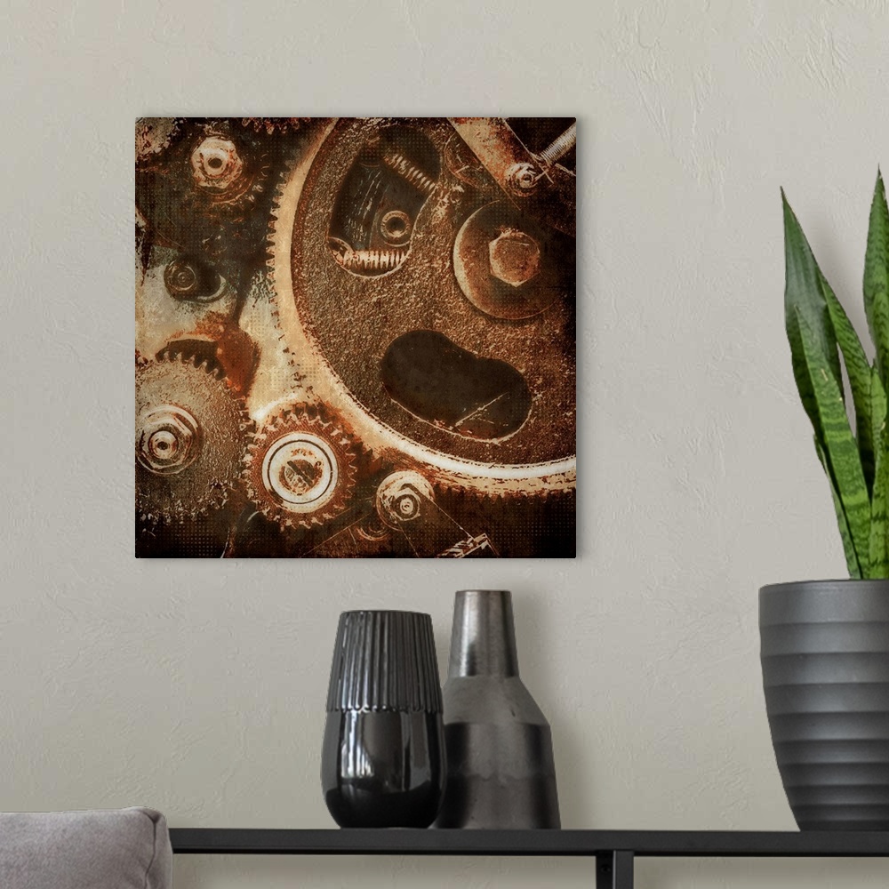 A modern room featuring A decorative image of a close up look of rusted gears of a clock with a distressed overlay.