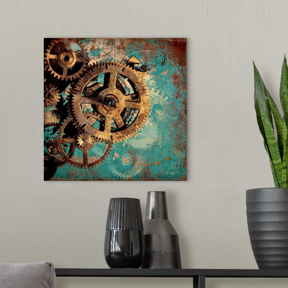 A modern room featuring A decorative image of rusted gears of a clock on a teal backdrop with a distressed appearance.
