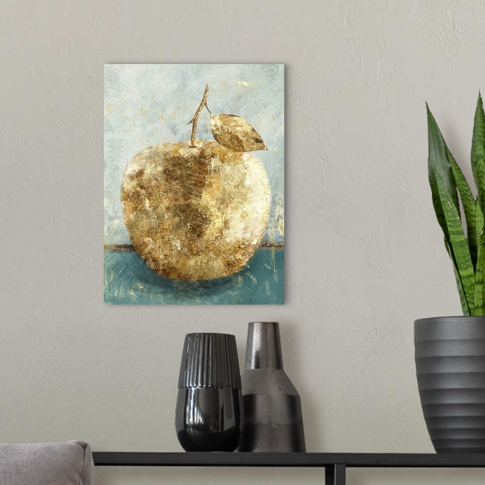 A modern room featuring A still life painting of a golden apple on a teal and gray floral background with a distressed ap...