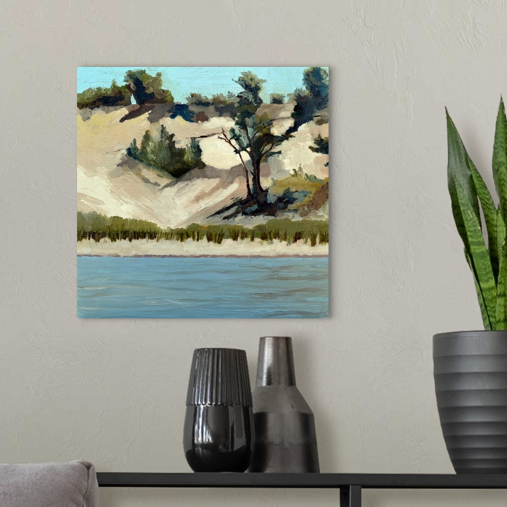 A modern room featuring Contemporary painting of a sand dunes on the shore of a lake.