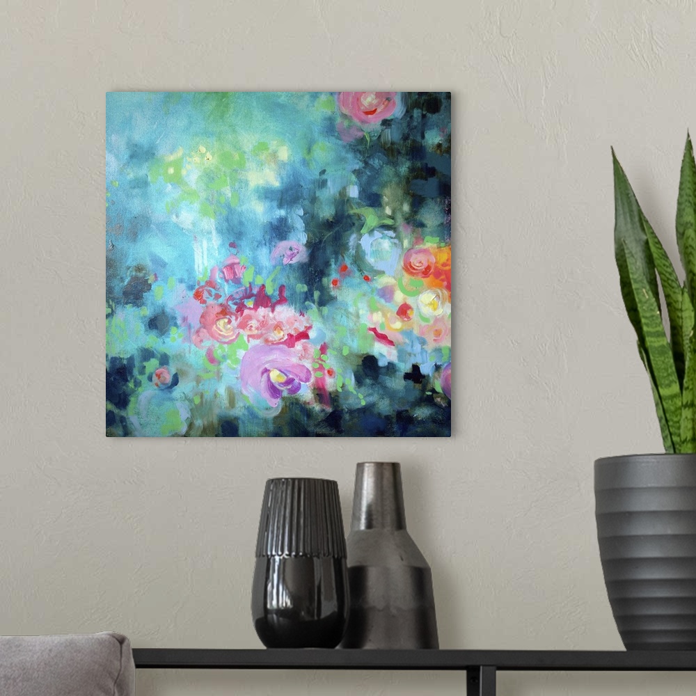 A modern room featuring Semi-abstract painting of pink and lavender flowers surrounded by blue texture.
