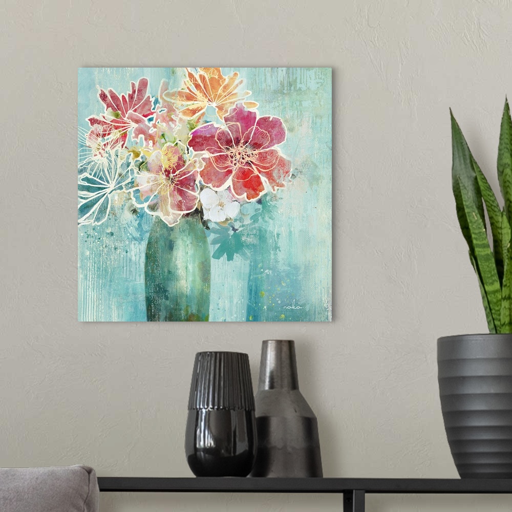 A modern room featuring Artistic square painting of a vase full of colorful flowers outlined in white on a blue backgroun...