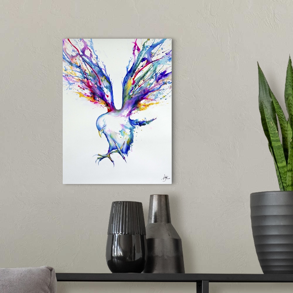 A modern room featuring Watercolor and ink painting of a bird in flight with its feet raised for landing.