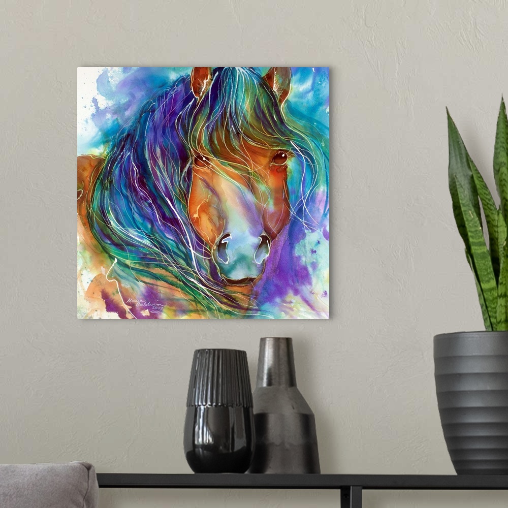 A modern room featuring Painting of a Wild Mustang, bay, with long mane and vibrant color, depicts this equine in his str...
