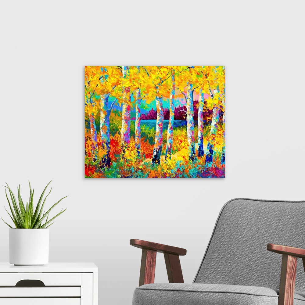 A modern room featuring Large landscape wall painting of a group of trees in the fall, surrounded by brush, a body of wat...