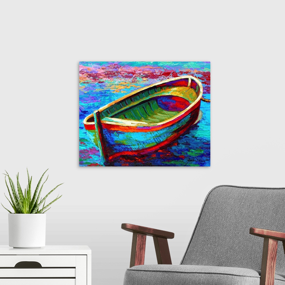 A modern room featuring Big canvas painting of a boat floating in water represented by a lot of different colors.