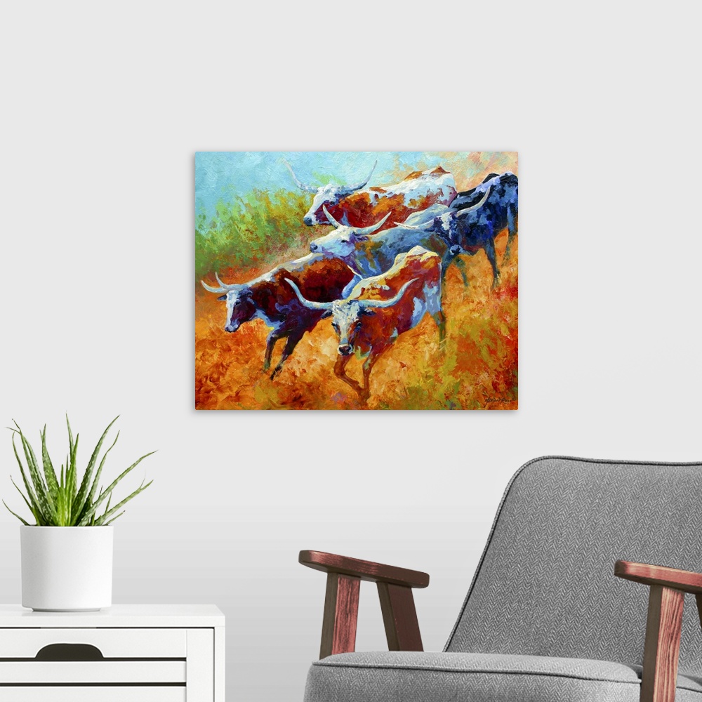 A modern room featuring Big landscape painting of a small group of longhorn cattle running down a grassy hill.   Painted ...