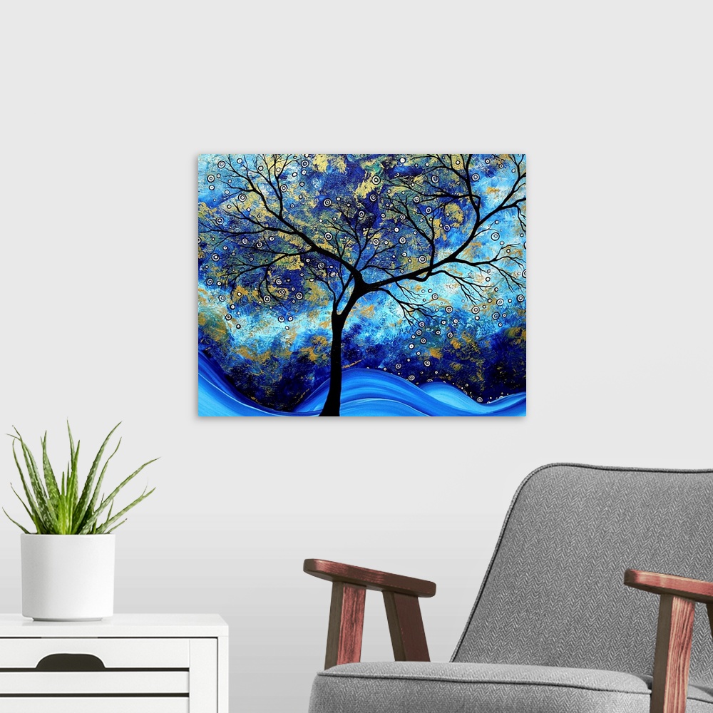 A modern room featuring Contemporary abstract painting of tree silhouette with tie-dye background.  There are also small ...