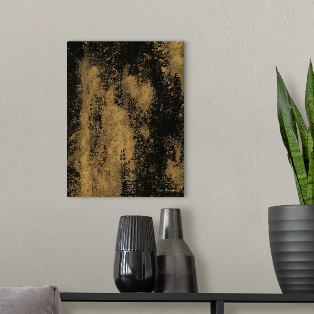 A modern room featuring A contemporary abstract painting that has a deep gold background and a black overlay.