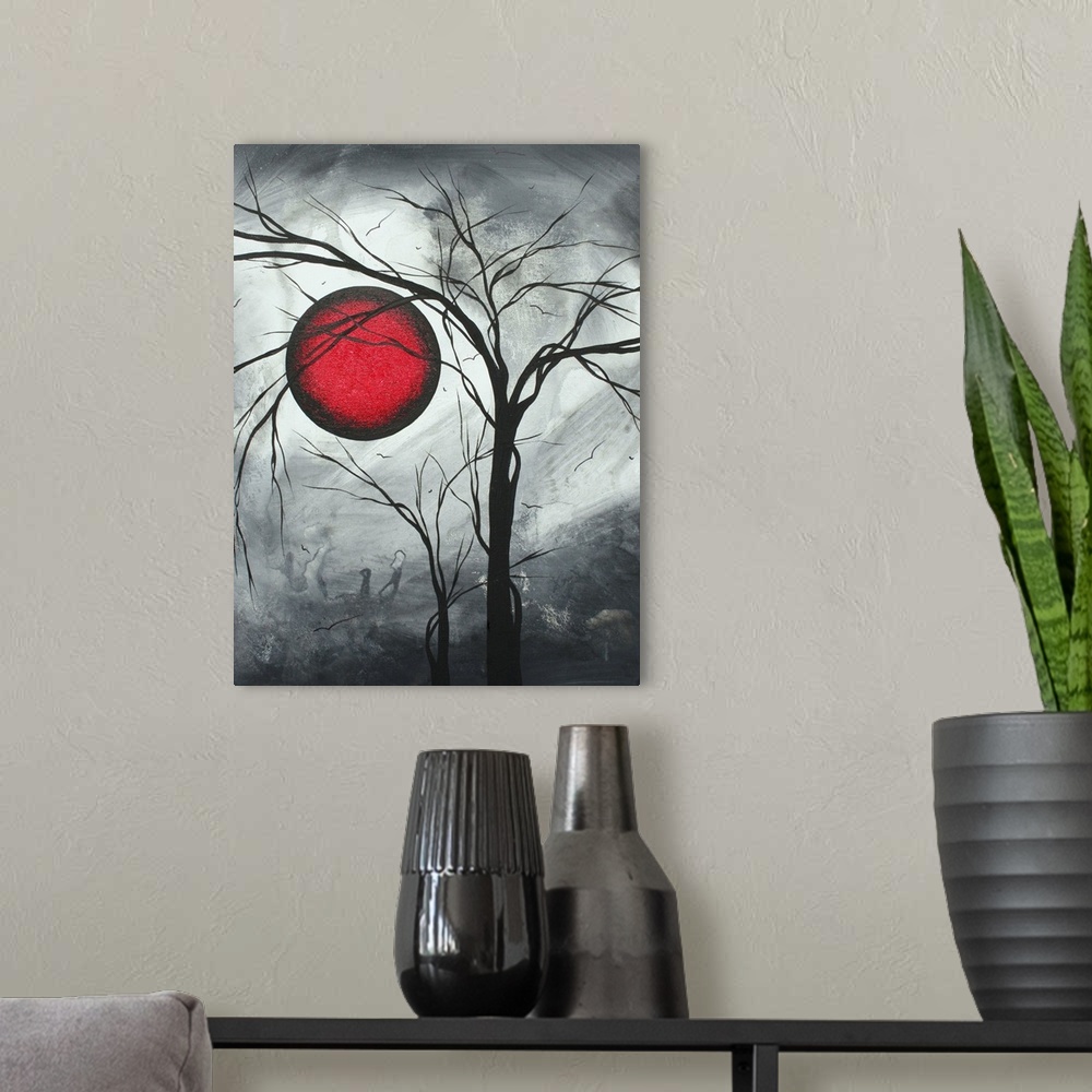 A modern room featuring Vertical, large contemporary artwork of a large red moon on an swirling background of greys, with...