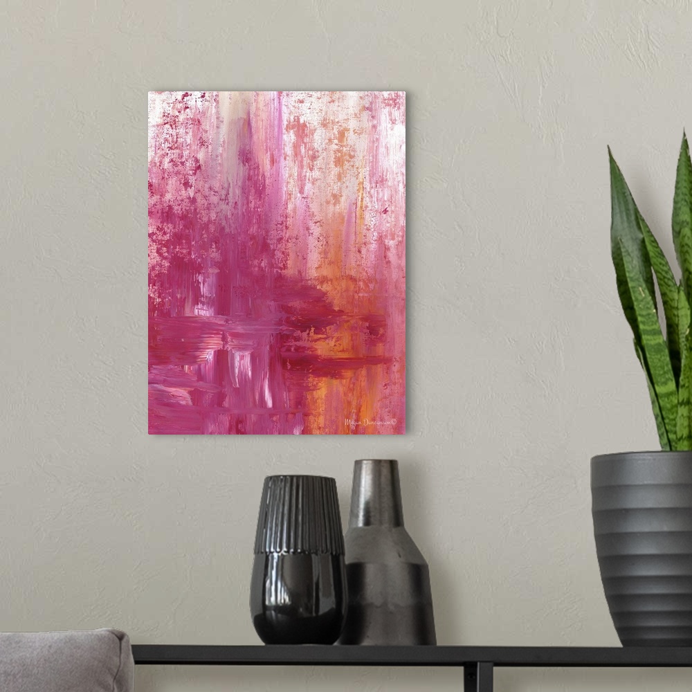 A modern room featuring A fun and bright contemporary abstract painting with a variety of heavy pink hues mixed with a bi...