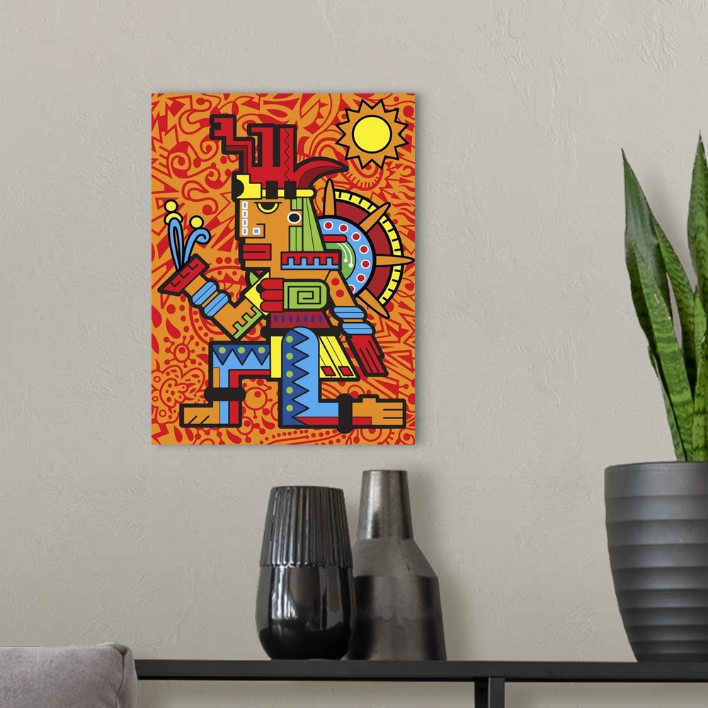 A modern room featuring Colorful urban art inspired Aztec design of a figure in elaborate patterns and colors. Against an...