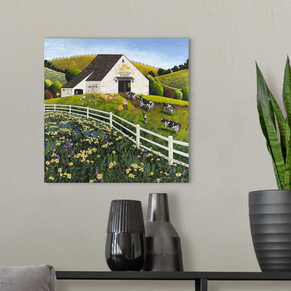 A modern room featuring Americana scene of a dairy farm with cattle near a field of wildflowers.