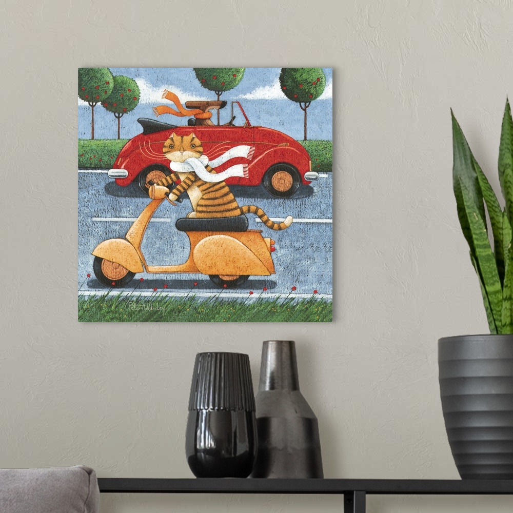 A modern room featuring Contemporary painting of an orange striped cat riding an orange scooter while a in the background...