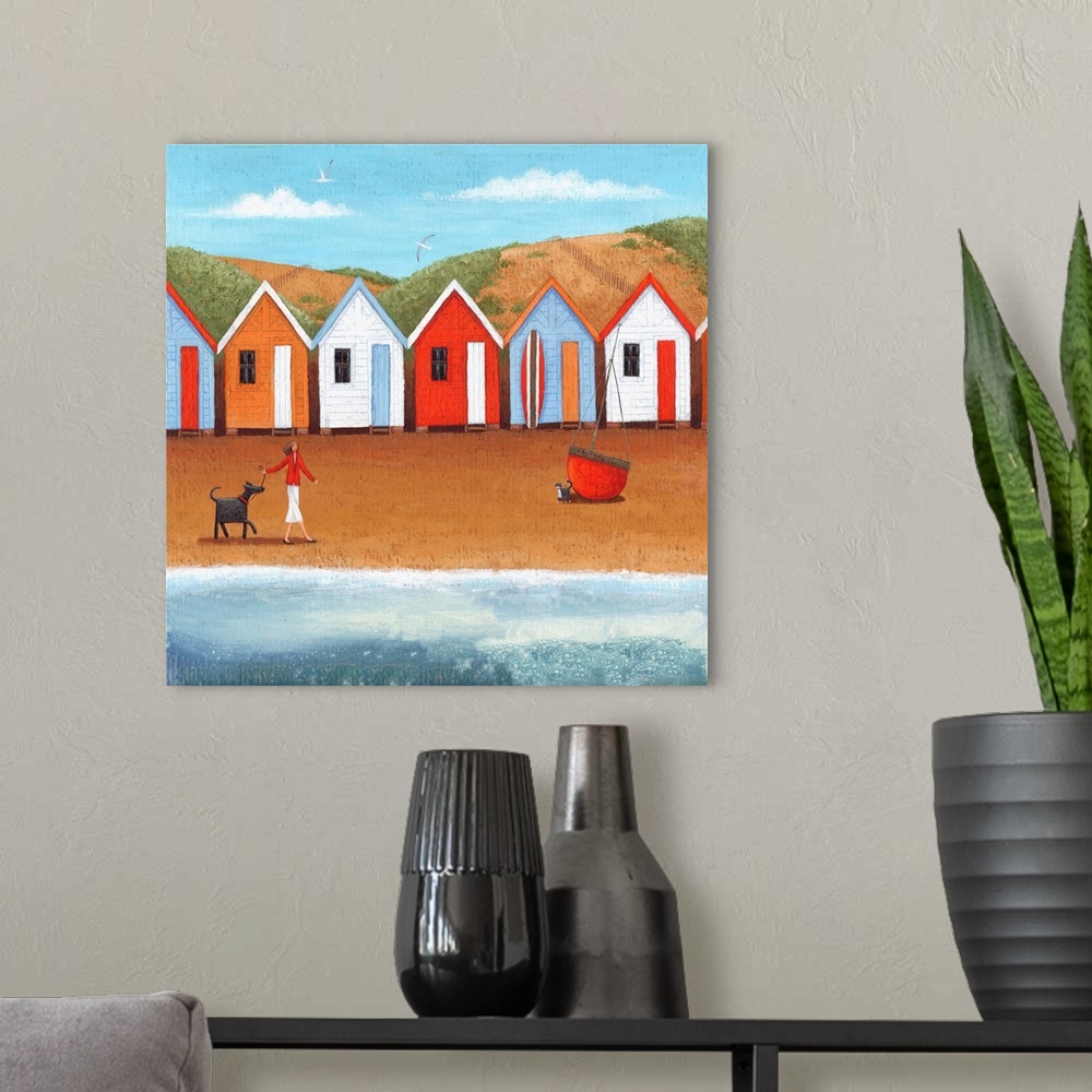A modern room featuring Contemporary painting of a woman walking a dog along a beach with a row of huts.