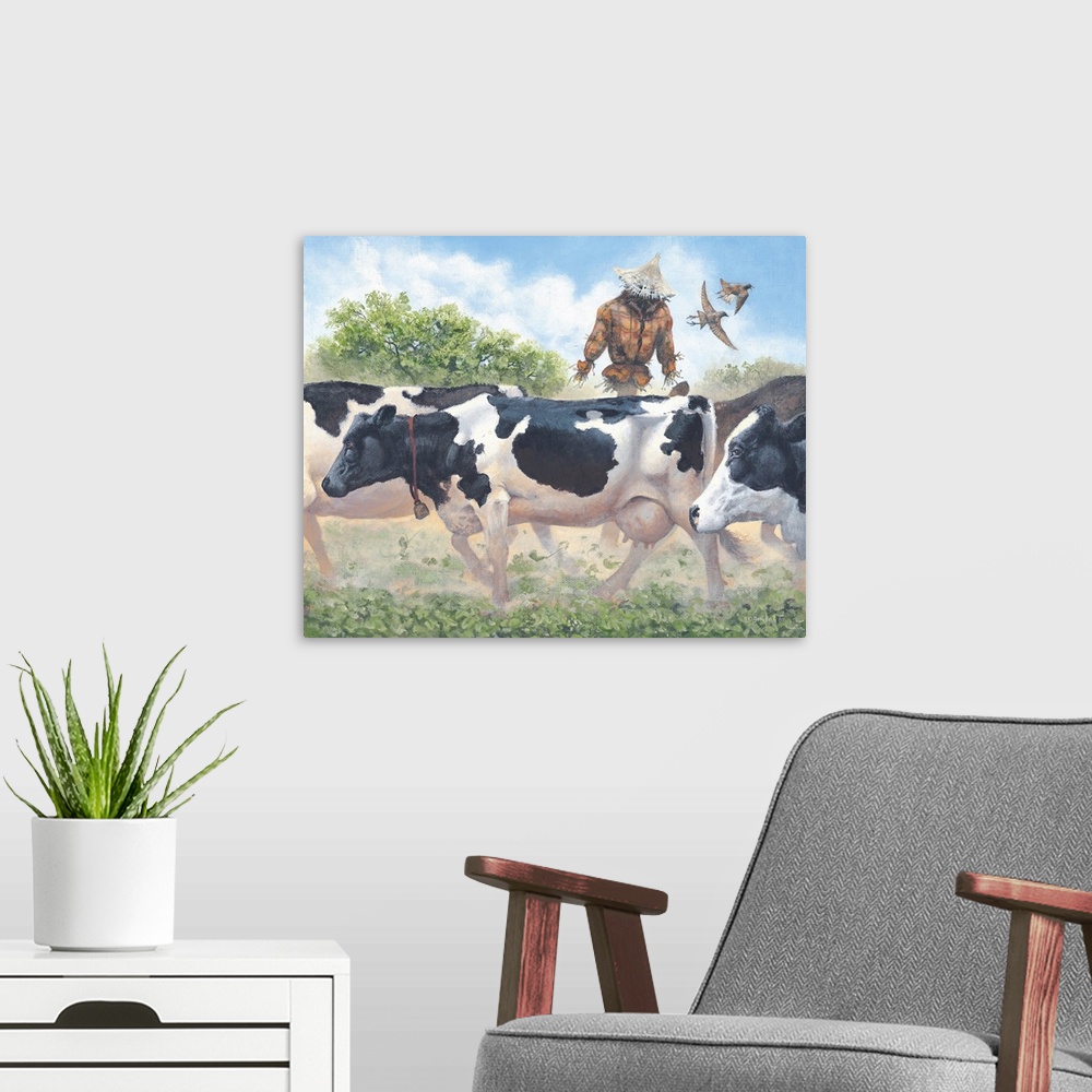 A modern room featuring Contemporary artwork of a herd of cows walking through a field kicking up dust.