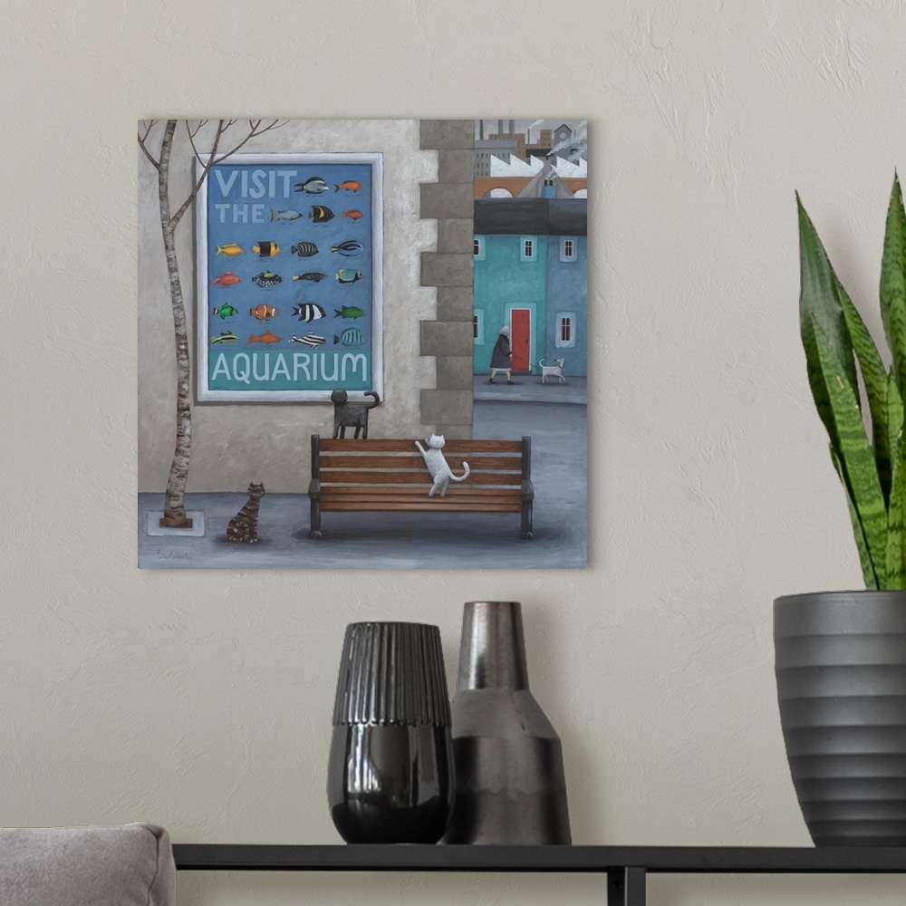A modern room featuring Contemporary painting of a cats on a city sidewalk looking at an aquarium advertisement with imag...