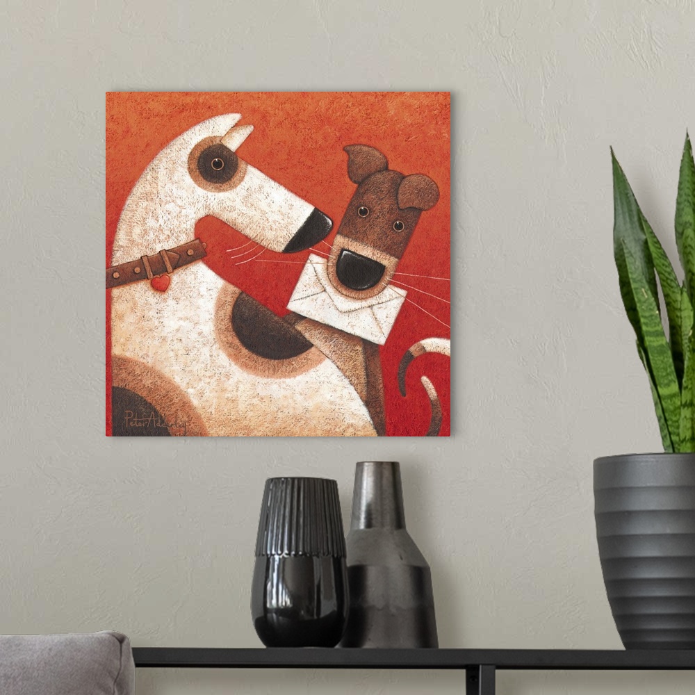 A modern room featuring Contemporary painting of two dogs, one of which has a letter in its mouth.