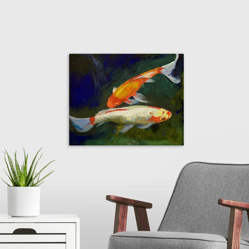 A modern room featuring Giant contemporary art focuses on a couple vibrantly colored animals with gills and fins calmly s...