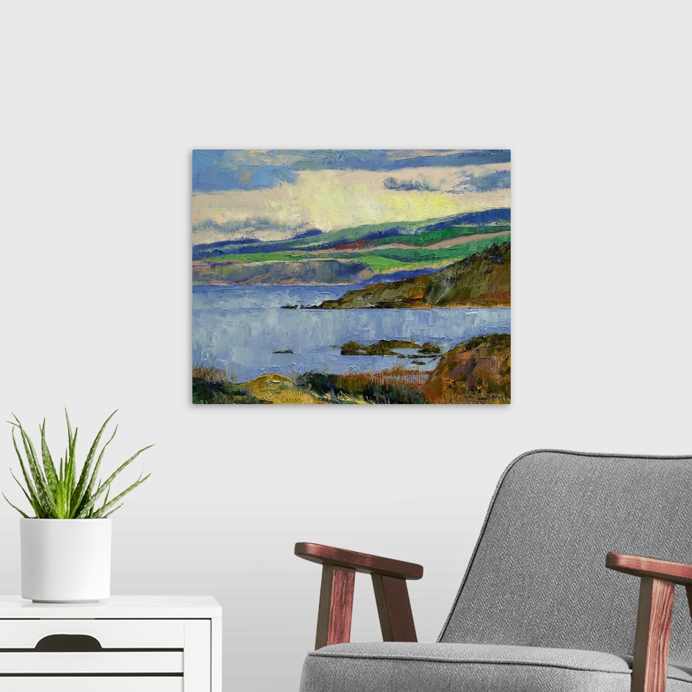 A modern room featuring Oil on canvas large wall landscape painting of the Firth of Clyde in the British Isles. Clear wat...