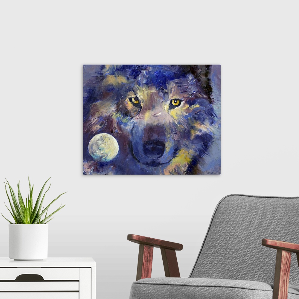 A modern room featuring Oil painting with visible brush strokes of a wolf with a full moon inset in the lower left corner...