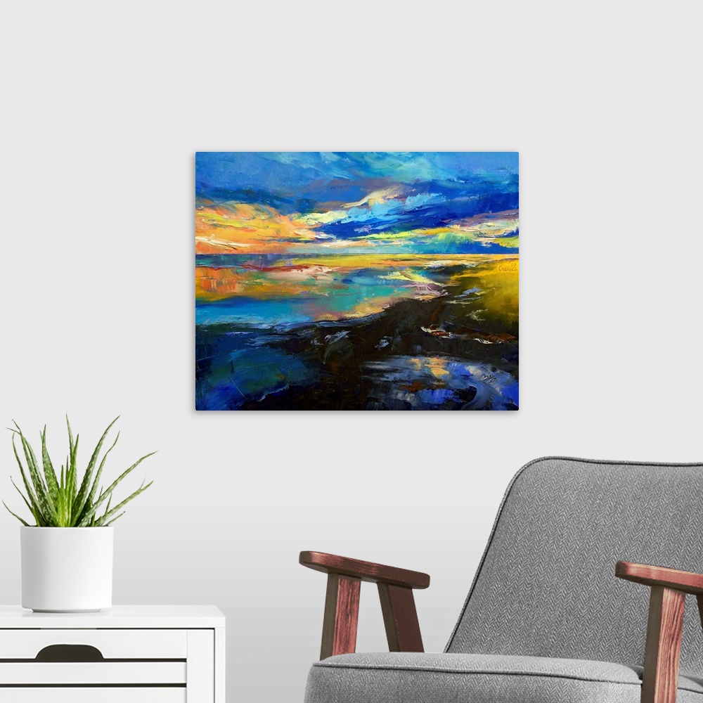 A modern room featuring This contemporary seascape painting possesses impressionistic qualities in its brush strokes crea...