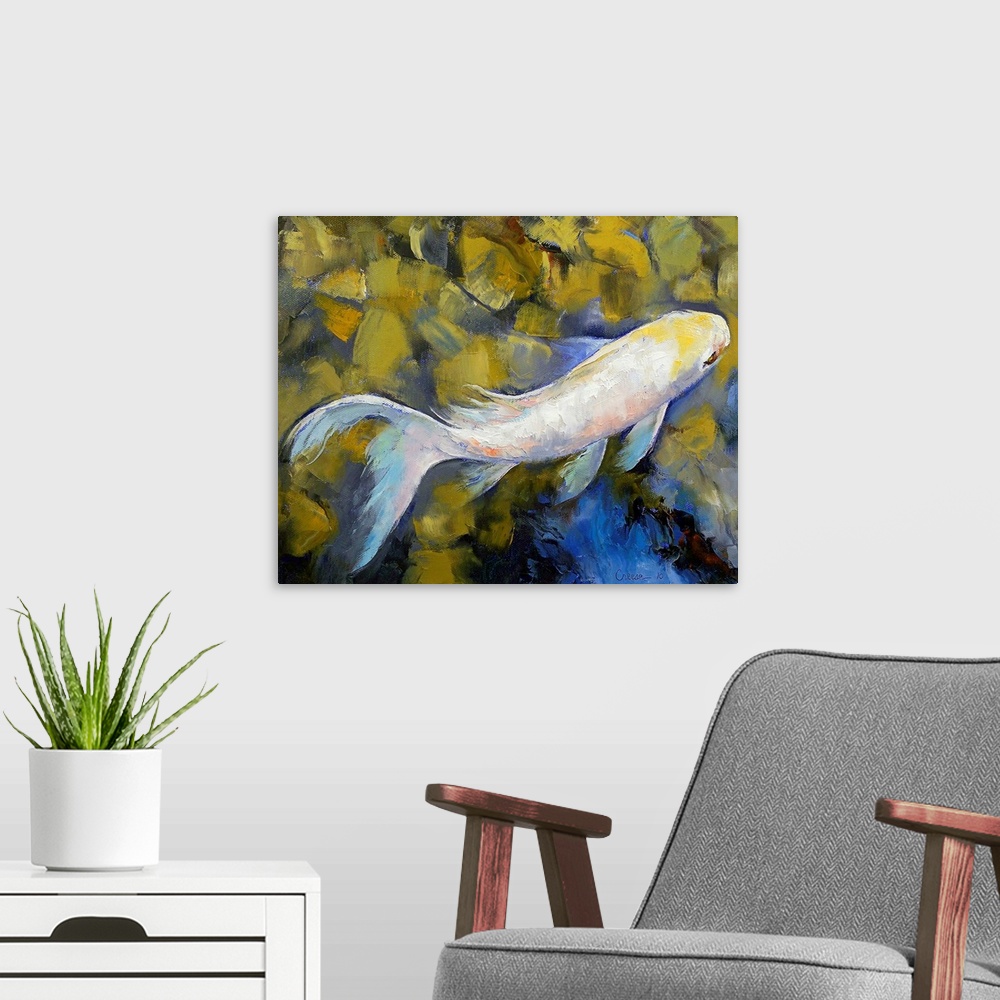 A modern room featuring Up-close oil painting of koi fish swimming in rocky river by an American artist.