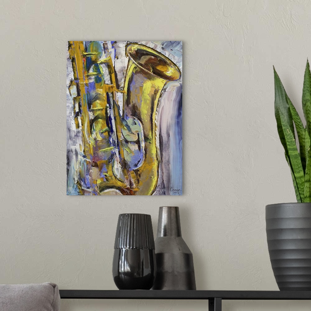 A modern room featuring Contemporary oil painting of a close up shot of the half of a saxophone.  The background consists...