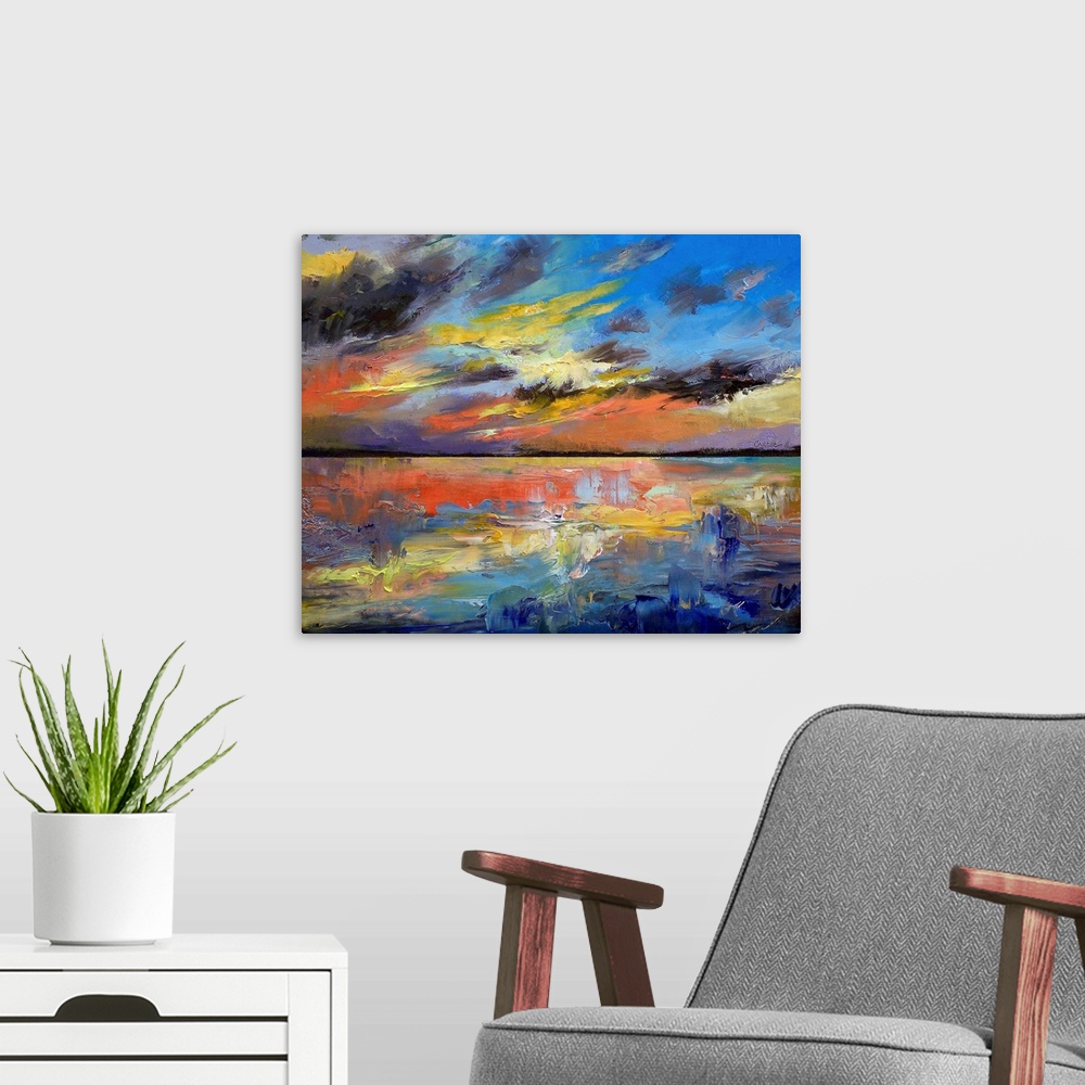 A modern room featuring A large wall painting that illustrates a colorful sunset in Key West, Florida.  The texture of th...