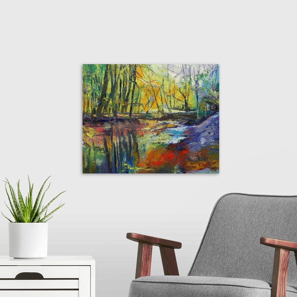 A modern room featuring Brightly colored oil painting of a stream running through the forest.  The tall trees and clear s...