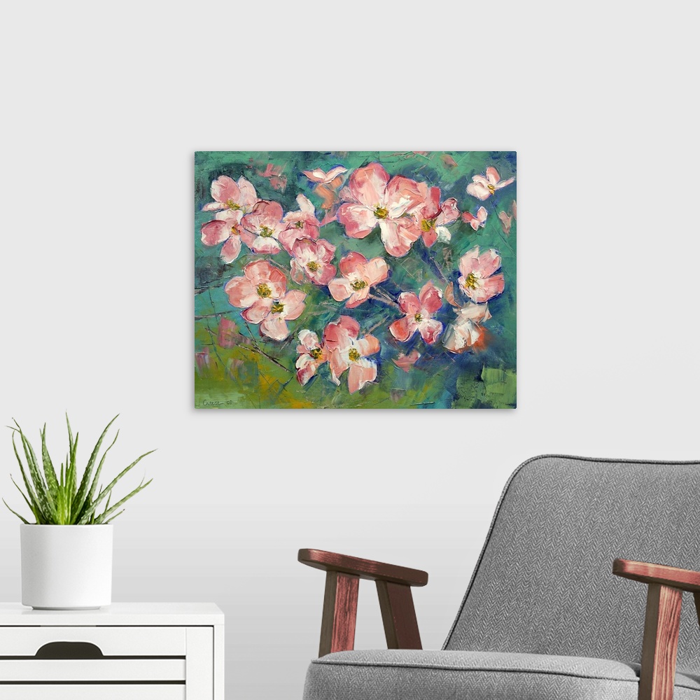 A modern room featuring Giant floral art focuses on a group of flowers that have been created with a number of layers and...