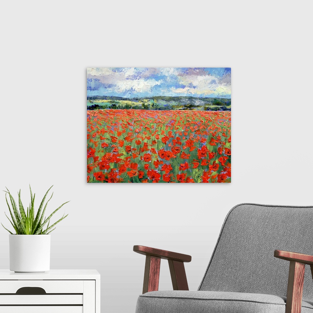 A modern room featuring A contemporary plein air landscape painting of a meadow of poppies on a sunny day.