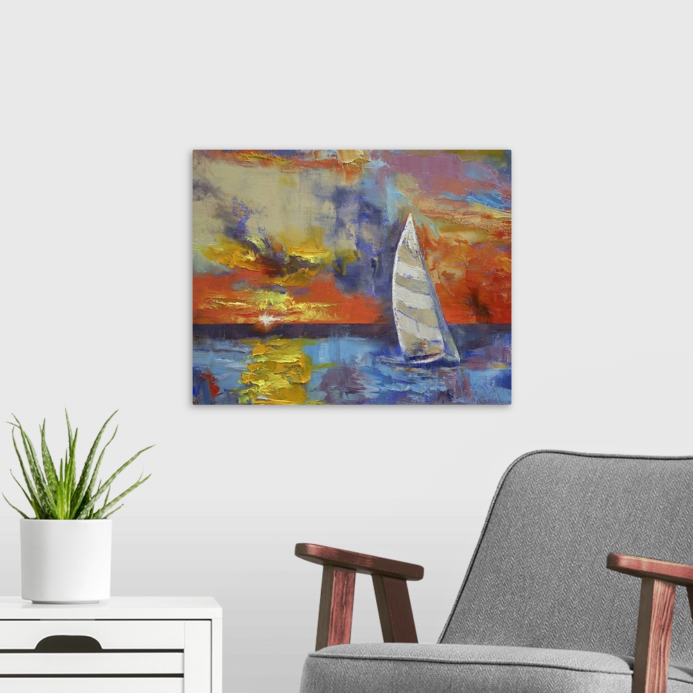 A modern room featuring This is contemporary painting created with a dense and heavy application of paint showing the sun...