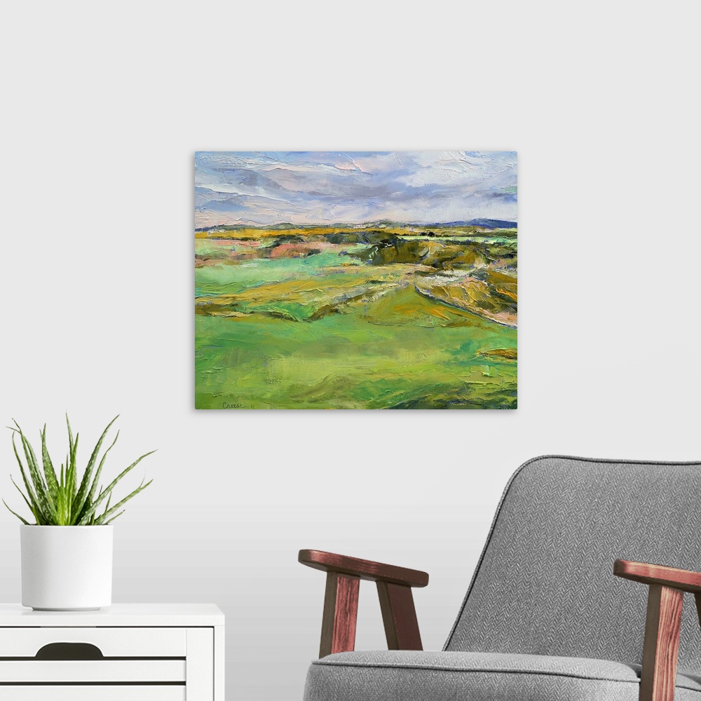 A modern room featuring Beautiful oil painting of land in Scotland with various colors used for the field, mountains and ...