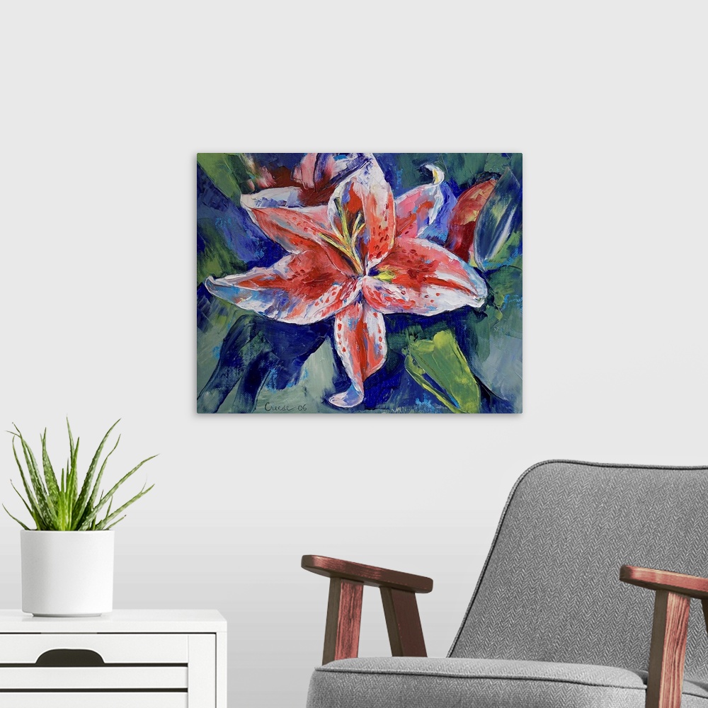 A modern room featuring Original oil on canvas painting by American artist Michael Creese. This painting features a bloom...
