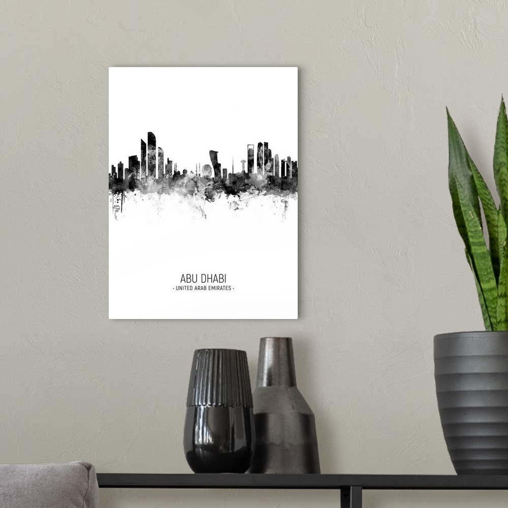 A modern room featuring Watercolor art print of the skyline of Abu Dhabi, United Arab Emirates