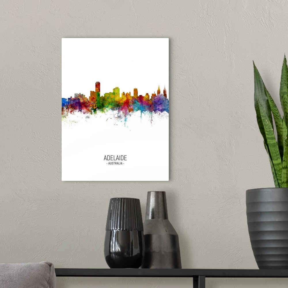 A modern room featuring Watercolor art print of the skyline of Adelaide, South Australia, Australia