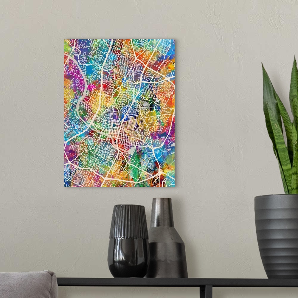 A modern room featuring Watercolor street map of Austin, Texas, United States
