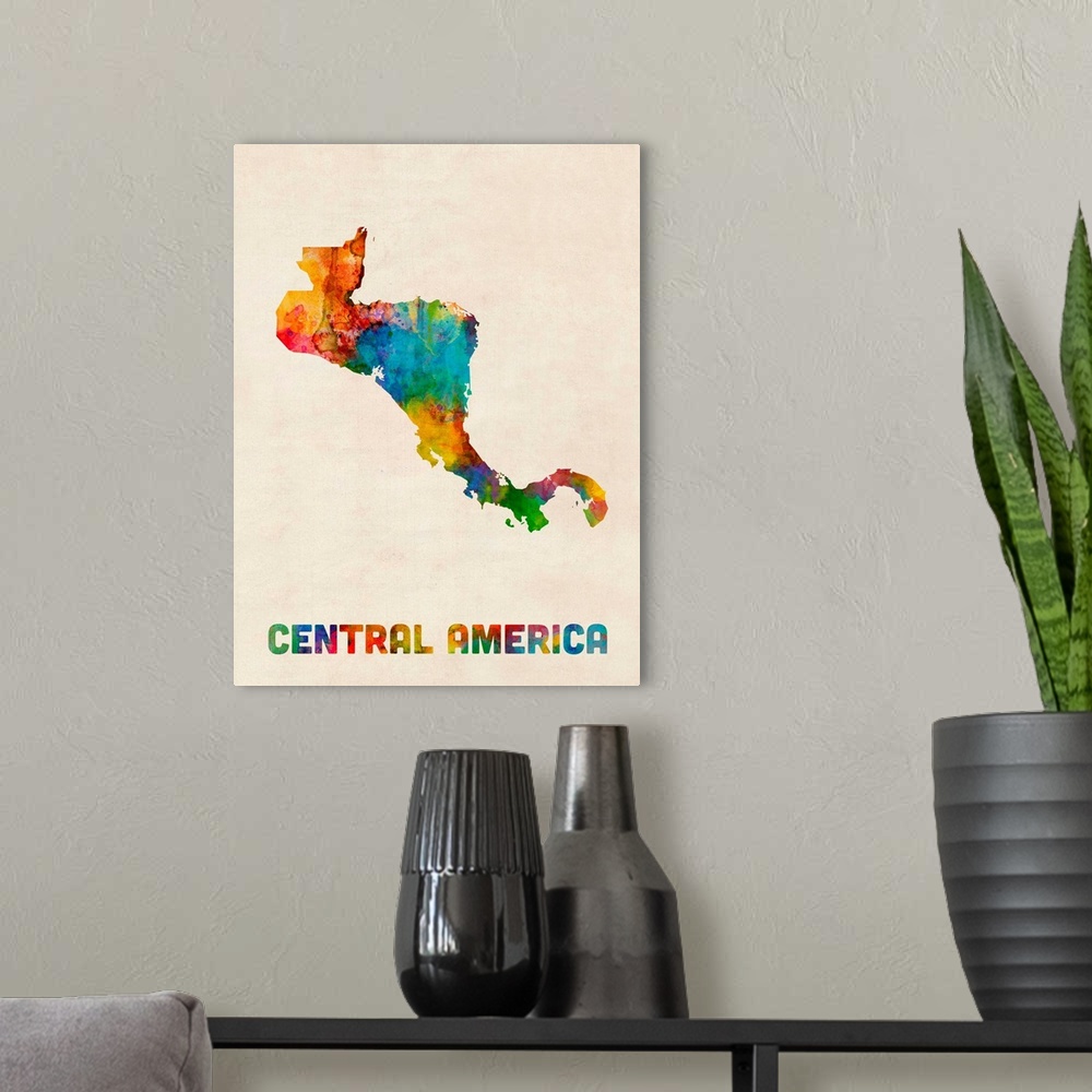 A modern room featuring A watercolor map of Central America.