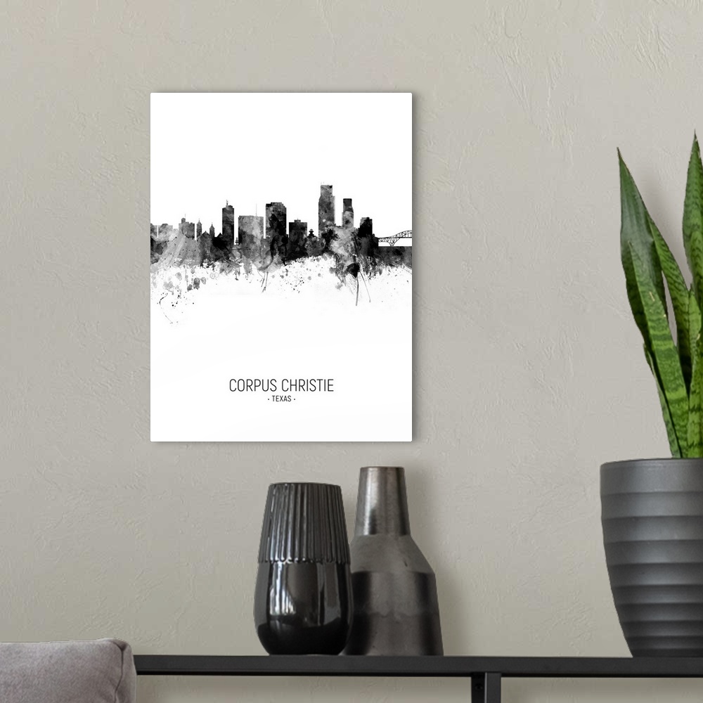 A modern room featuring Watercolor art print of the skyline of Corpus Christie, Texas, United States