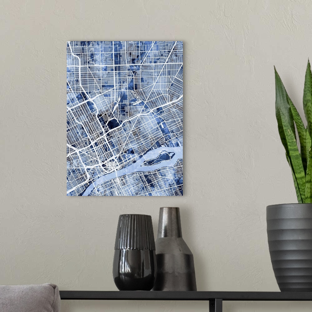 A modern room featuring Watercolor street map of Detroit, Michigan, United States.